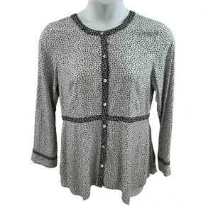 J. Jill Size M White Tossed Florette Dipped Hem Collarless Shirt Blouse Top